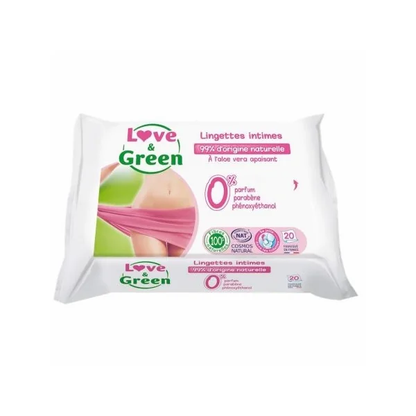 Love & Green Lingettes Intimes à l'Aloe Vera Apaisant 20 pièces