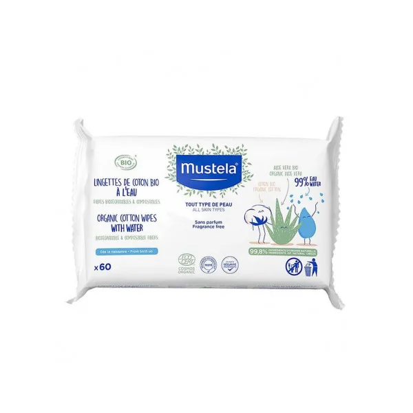 Mustela lingettes de coton bio à l'eau 60 pièces