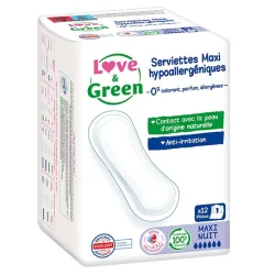 Love & Green Serviettes Hypoallergéniques Maxi Nuit 12 PC