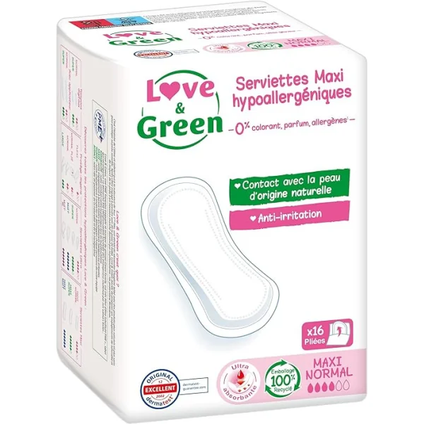 Love & Green Serviettes certifiées Ecolabel & hypoallergéniques "MAXI NORMAL" x 16