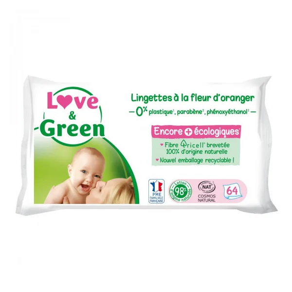 Love & Green Lingettes à la Fleur d'Oranger 64 Pièces