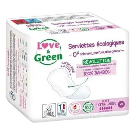 Love & Green Serviettes Hypoallergénique Nuit Taille Extra Large - 9 Pièces