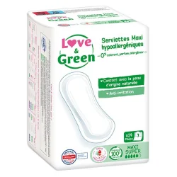 Love & Green Serviettes Maxi Hypoallergéniques Taille Maxi Super 14 Pièces