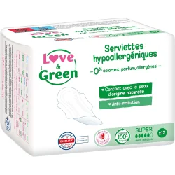 Love & Green Serviettes Hypoallergéniques Taille Super - 12 Pièces