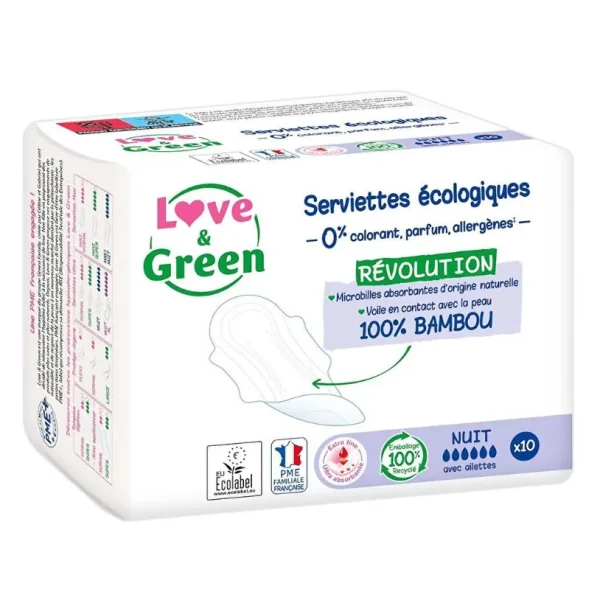 Love & green Serviettes Hygiéniques Nuit Hypoallergéniques x10