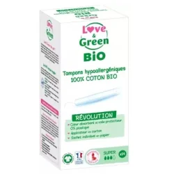 Love & Green Tampons Hypoallergéniques 100% Coton Bio 14 Tampons Super avec Applicateur