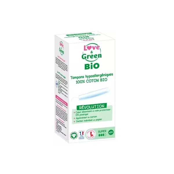 Love & Green Tampons Hypoallergéniques 100% Coton Bio 14 Tampons Super avec Applicateur