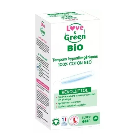 Love & Green Tampons Hypoallergéniques 100% Coton Bio 14 Tampons Super avec Applicateur