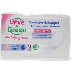 Love & Green pour Fuites Urinaires Serviettes Écologiques Maxi Nuit 12 Serviettes
