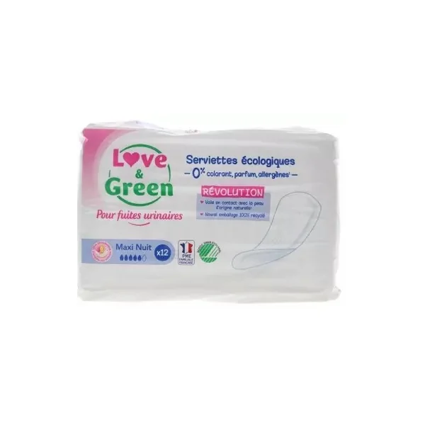 Love & Green pour Fuites Urinaires Serviettes Écologiques Maxi Nuit 12 Serviettes