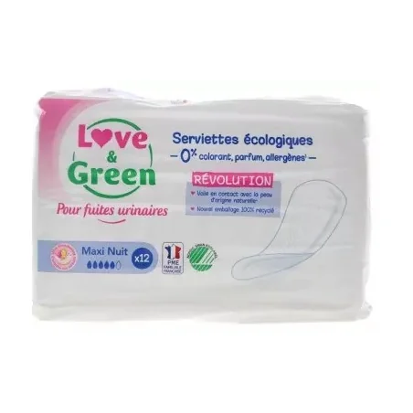 Love & Green pour Fuites Urinaires Serviettes Écologiques Maxi Nuit 12 Serviettes