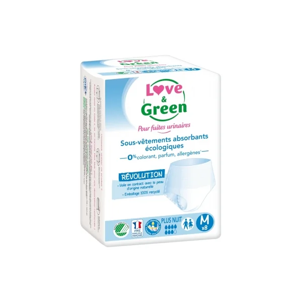 Love & Green pour Fuites Urinaires Nuit Sous-Vêtements Absorbants 8 Protections Taille: M