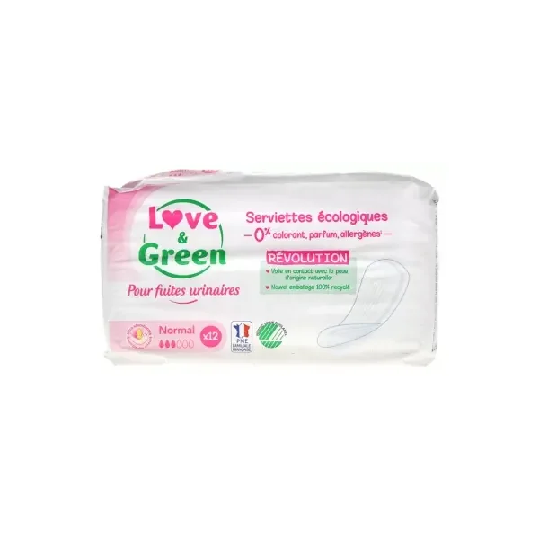 Love & Green Serviettes Écologiques Normales Pour Fuites Urinaires 12 Serviettes