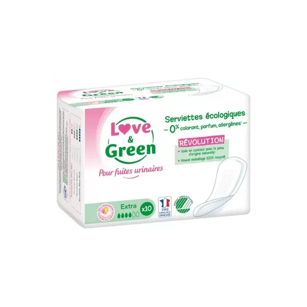 Love & Green Serviettes Hypoallergéniques Extra Pour Fuites Urinaires 10 Serviettes