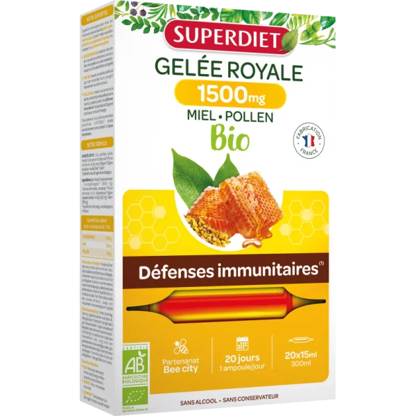 Superdiet Gelée Royale Miel et Pollen Bio 1500 MG - 20 Ampoules